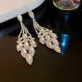 Luxury zircon fringe drop earrings for women, sparkling crystal floral long dangling jewelry. - Silver