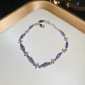 Elegante pulsera plateada con circonitas violetas para mujer joyería fina de uso diario. - 14# Pulsera-Plateado-Púrpura
