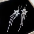 Silver star tassel earrings sparkling rhinestone long drop earrings for women party jewelry - Silver