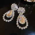 Luxury sparkling zircon flower drop earrings for women, elegant crystal party jewelry. - Silver