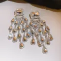 Luxury crystal rhinestone chandelier drop earrings for women sparkling wedding party jewelry decor - Silver