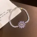 Elegante pulsera de tenis de flores de cristal estilo princesa vintage mujer - 36# Pulsera - Plateado - Púrpura