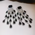 Luxury black teardrop zircon crystal cascading tassel dangle earrings for elegant evening party. - Silver