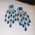 Luxury blue crystal rhinestone tassel earrings statement court style for women party jewelry - Silver