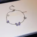 Brazalete de mariposa de cristal plateado con dije de esmalte morado, joyería elegante. - 39# Pulsera - Plateado - Púrpura