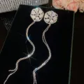 Luxury Zircon Flower Long Tassel Earrings Elegant Silver Rhinestone Banquet Studs - Gold