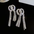 Sparkling Zircon Tassel Stud Earrings Luxury Crystal Bow Knot Earrings Elegant Women Jewelry - Silver
