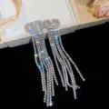 Luxury Sparkly Zircon Fringe Earrings Long Crystal Dangle Earring for Women Evening Party - Silver