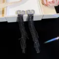 Luxury black crystal tassel earrings with double V shape design for women evening party wear. - Gun Black