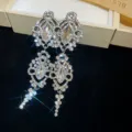 Luxury rhinestone tassel earrings, sparkling crystal long earrings for women banquet party. - Silver