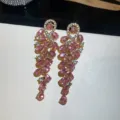 Luxury long pink zircon tassel earrings for women elegant crystal drop jewelry gift - Gold