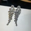 Luxury silver-tone teardrop zircon long dangle earrings, elegant banquet jewelry for women - Silver