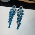 Luxury blue teardrop crystal long tassel earrings for women elegant party jewelry gift - Silver