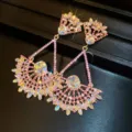 Luxury pink rhinestone geometric chandelier earrings for women banquet evening wear party jewelry - Gold