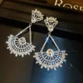 Luxury zircon flower tassel earrings, sparkling crystal fan drop earrings for women banquets. - Silver