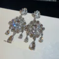 Luxury sparkling zircon flower tassel stud earrings for women, elegant court banquet jewelry. - Silver