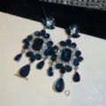 Luxury dark blue zircon crystal flower drop earrings elegant palace banquet dangle jewelry - Silver