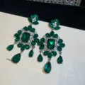 Luxury green crystal rhinestone dangle earrings for women elegant palace banquet jewelry - Silver
