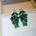 Luxury green zircon leaf tassel stud earrings for women elegant party jewelry gift - Gold