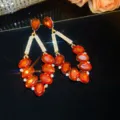 Luxury red crystal teardrop tassel earrings for women, sparkling zircon court banquet jewelry. - Gold
