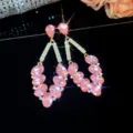 Luxurious pink crystal drop earrings for women, sparkling cubic zirconia long statement jewelry. - Gold