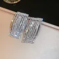 Sparkling rhinestone fringe earrings luxury crystal tassel ear studs elegant jewelry - Silver