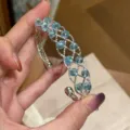 Vintage silver mesh cuff bracelet with sparkling light blue crystal beads elegant jewelry - Silver/Blue