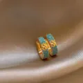 Vintage French style blue beaded clover hoop earrings, elegant gold metal jewelry for women. - 2# Huggie Earrings - Gold & Blue