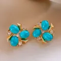 Vintage blue turquoise rhinestone earrings French retro gold tone elegant jewelry variant item - 11# Silver Earring Post - Gold-Blue