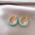Vintage style French retro gold earrings featuring blue turquoise beads and sparkling white zirconia stones. - 13# Ear Buckle - Gold - Blue