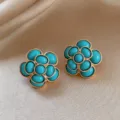 Vintage blue stone flower cluster earrings, elegant French style gold metal chic jewelry. - 20# Silver Earring Post - Gold - Blue