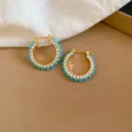 Vintage French Style Gold Hoop Earrings with Blue Zircon and White Cubic Zirconia Stones - 21# Huggie Earrings - Gold & Blue