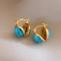 Vintage blue stone gold hoop earrings French retro style elegant chic jewelry for women - 22# Ear Buckle - Gold - Blue