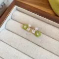 Green flower stud earrings with pearl and sparkling zircon, retro style jewelry for women. - 29# Green Leaf Flower Faux Pearl Style / Silver / Gold-Green