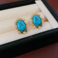 Vintage Blue Oval Gemstone Stud Earrings Gold Plated Ornate Cubic Zirconia Jewelry Chic - 28# Silver Pin - Gold Blue