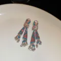 Vintage style pink and blue zircon tassel earrings, elegant metal drop design for women. - 29# Silver Post Earrings - Silver - Blue - Pink