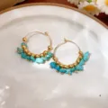 Vintage turquoise bead hoop earrings gold metal bohemian style elegant women jewelry - 30# Hoop Earrings - Gold - Blue