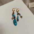 French vintage blue turquoise beaded tassel hoop earrings retro chic drop jewelry - 32# Silver Post - Gold & Blue