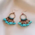 Vintage turquoise wooden bead copper drop earrings french retro style chic jewelry item - 33# Ear Hook - Gold - Blue