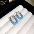 Vintage blue zircon U-shaped earrings French retro silver ear buckles high-end jewelry - 39# Huggie Earrings - Silver - Blue