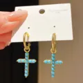 Vintage blue beaded cross hoop earrings french retro style golden metal jewelry for women - 45# Silver Earring Post - Gold - Blue