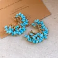 Blue beaded hoop earrings, French vintage style gold metal tassel earrings for women daily wear. - 46# Silver Earring Post-Gold-Blue