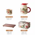 Ceramic tea set with teapot, cups and wooden tray, floral pattern gift set for home use. - Tea Cup 200ml / Tea Pot 780ml / Berry Aroma Gift Box Set