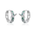 Detailed view of silver hoop earrings featuring mint green butterfly motif and sparkling clear stones. - 4053 Blue