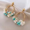 Vintage gold-tone double hoop earrings with blue turquoise beads and white floral charms for women. - 53# Silver Post - Gold - Blue - White