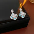Vintage blue zircon pearl clover earrings french style luxury elegant jewelry for women - 56# Blue Silver