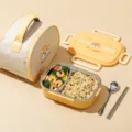 Gele roestvrijstalen lunchbox set met thermische tas lepel stokjes schattig design hondje - Klein 2 Roosters met Eetstokjes & Lepel en Geïsoleerde Tas / Geel