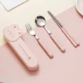 Juego de cubiertos portátil de acero inoxidable con estuche de conejo rosa, cuchara y tenedor. - Conjunto de 3 piezas de conejito / 18.5cm