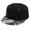 Close-up detail of the black and grey camo flat brim snapback hat with ventilation eyelets. - Adults / Black with White Camo Brim
