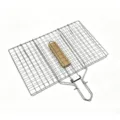 Stainless steel BBQ grill basket with wooden handle, foldable outdoor portable barbecue net. - Grilling Net Clips with Detachable Handle